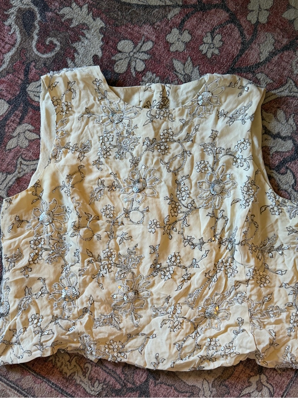 Jones New York Cream Beaded Floral Shell Top